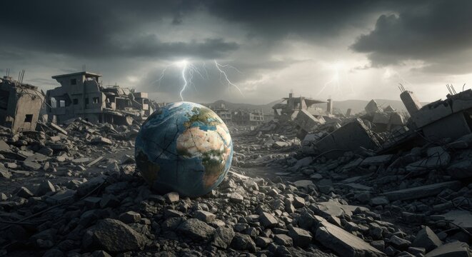 Earth Globe in Desolate Ruined Cityscape Under Dark Stormy Sky with Lightning - Powered by Adobe