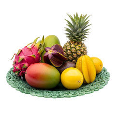 Assortment of tropical fruits on a decorative plate isolated on transparent background