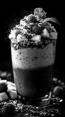Delicious layered smoothie in a glass served with fruits and seeds