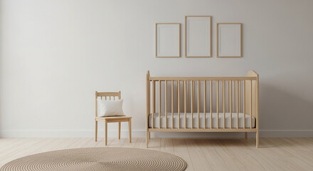 Serene Nursery Design Wooden Crib Chair and Frames for a Peaceful Baby Room Interior Decor Minimalist Style Children s