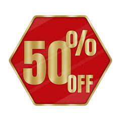 Shiny Gold 50% OFF Discount Label on Red Hexagon Badge Isolated on Transparent Background – Premium Sale Promotion Sign for Marketing and Advertising