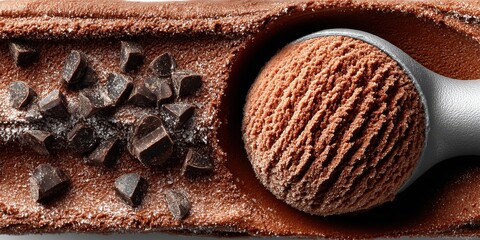 Delicious chocolate ice cream scoop with chocolate chunks on top of dessert surface