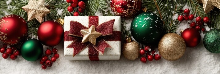 Holiday decorations with colorful ornaments and a beautifully wrapped gift on a snowy surface