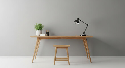 Modern Office Desk Interior Design Ideas Black Lamp Plant Pencils Book Scandinavian Style Light Wood Furniture