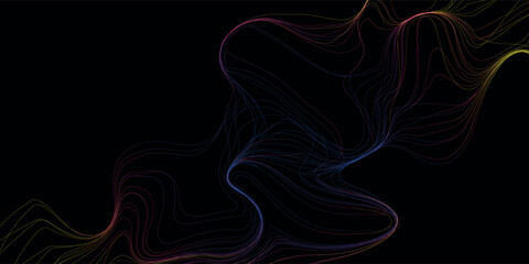 Abstract neon wave lines in red, yellow, and blue on black background, futuristic flowing pattern perfect for digital art, abstract texture, technology, and modern design.