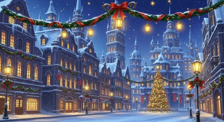 Obraz premium Festive Snowy City Street Scene with Christmas Tree and Warm Lights in Winter Holiday Atmosphere