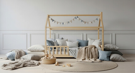 Modern Scandinavian Nursery Decor Wooden House Bed Cozy Pillows Knitted Blanket Neutral Rug Toy Basket Kids Room Design © The PNG Store