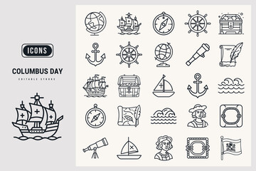 Collection of Icons Representing Columbus Day Exploration and Discovery Themes White Background
