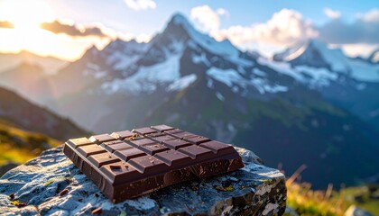 Chocolate bar on a rock with a mountain range in the background.