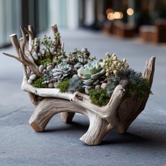 A driftwood planter, filled with succulents, moss, and small decorative elements, displays a natural beauty.