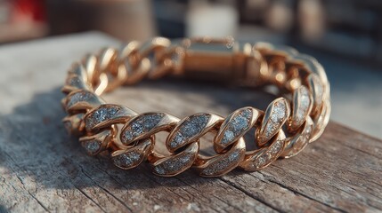 Luxurious gold bracelet with sparkling details showcases craftsmanship on a wooden surface
