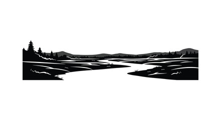 A scenic black and white landscape featuring a winding river and mountains