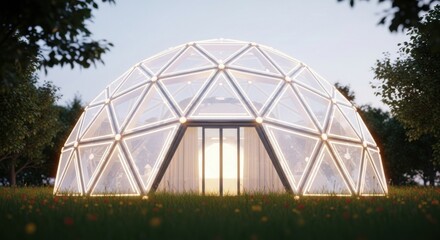 Futuristic Geodesic Dome Structure Illuminated in Night Setting in Natural Environment