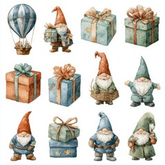 Gnomes with gifts and balloons celebrate festive occasions in a whimsical illustration
