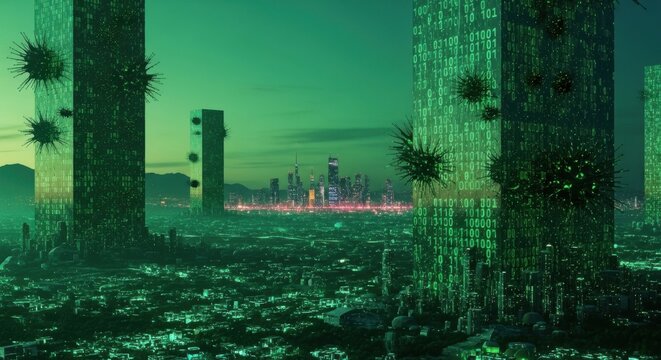 Futuristic Digital Cityscape with Green Binary Code and Abstract Skyscrapers