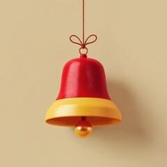Decorative bell hanging against a neutral wall, showcasing vibrant red and yellow colors, ideal for festive occasions and celebrations