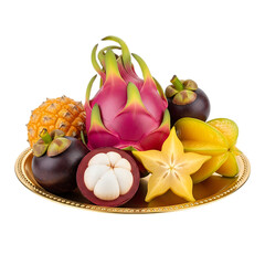 Assortment of tropical fruits on a white plate isolated on transparent background