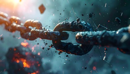 Broken chain amidst fiery explosion