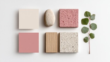 Fototapeta premium Flatlay of textured squares, a smooth stone, and eucalyptus sprig on a white background. Earthy tones and natural materials are featured