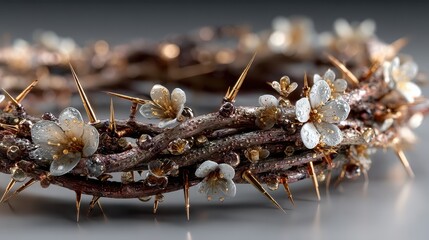 Exquisite crown adorned with delicate flowers and sharp thorns in a close-up display showcasing intricate craftsmanship
