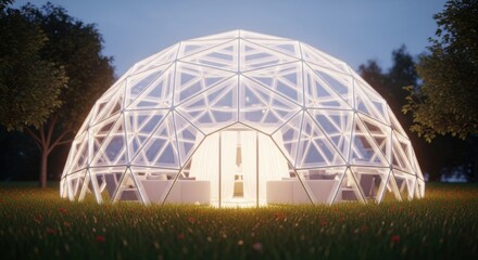 Obraz premium Futuristic Geodesic Dome Structure Illuminated at Night in Outdoor Park