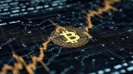 A Bitcoin symbol on a digital screen with a stock market graph.