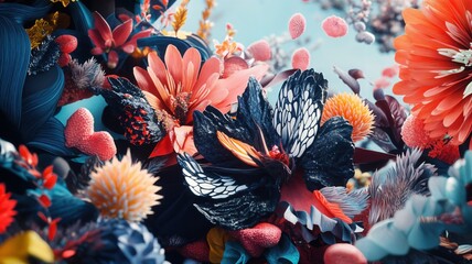 An enchanting and vibrant fantasy garden showcasing a diverse array of surreal, intricate flora with captivating textures and an otherworldly charm