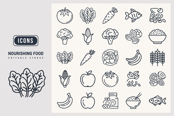 Healthy Nourishing Food Icons Set Representing Fresh Produce and Grains White Background