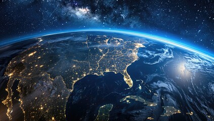Obraz premium Night view of Earth, showcasing North America's city lights against a backdrop of space, the Milky Way visible
