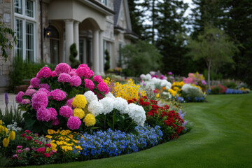 Beautifully manicured garden with vibrant hydrangeas and colorful flowers in front of a mansion