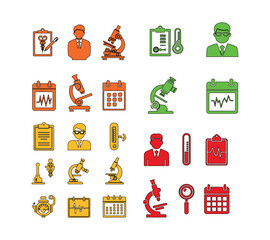 Medical and science icons including doctors microscopes thermometers and clipboards in various colors, A set of icons for medical check-up: a doctor with a clipboard, a thermometer, an ECG line