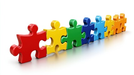 Colorful jigsaw pieces aligned in a row on white surface, casting soft shadows