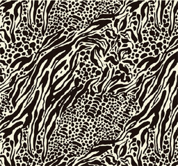 Leopard print. Vector seamless pattern. Animal skin background with black and brown spots on beige backdrop. Abstract exotic safari texture. Jaguar, leo, puma cheetah fur pattern. Repeat design
