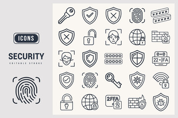 Collection of Line Art Icons Representing Various Security Concepts White Background