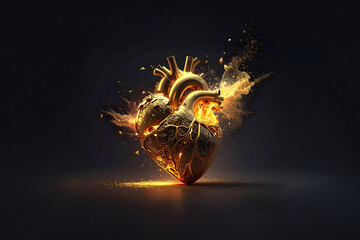 A mechanical anatomical heart with a golden glow and sparks, against a dark background. The image captures concepts of technology, medicine, and human emotion.