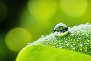 Green Leaf with Dew Drops Closeup