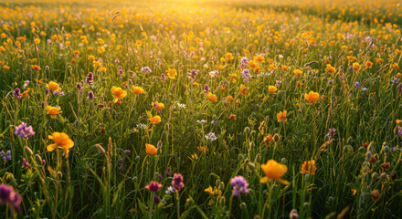 Dreamy spring meadow with wildflowers in bloom, vibrant colors, golden sunlight, and gentle breeze nature photography