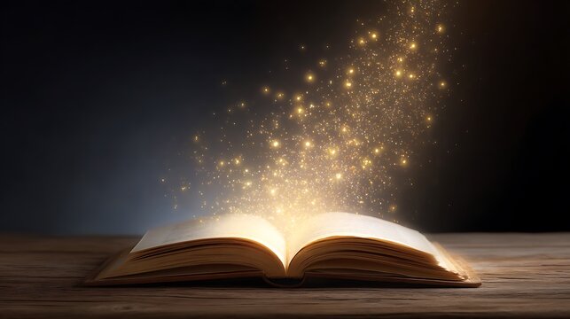 Open Book on Wooden Surface with Sparkling Light Ethereal Magical Dust Particles Floating