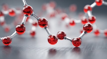 Glass molecular structure with red spheres and metallic links on a dark background.