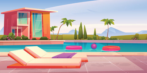 House and swimming pool with deck chairs vector illustration