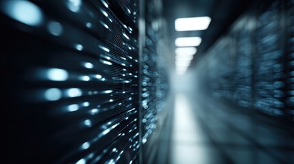 A dark, narrow hallway with rows of servers and lights.
