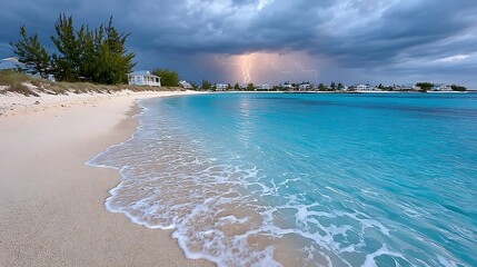 Dramatic Lightning Storm Over Turquoise Cove with Calm Waters and Beach