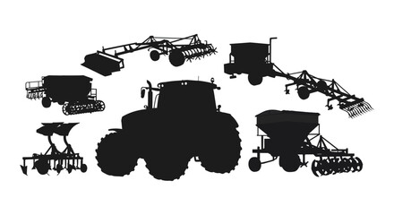Obraz premium Silhouettes of various agricultural machinery and farming equipment isolated on white