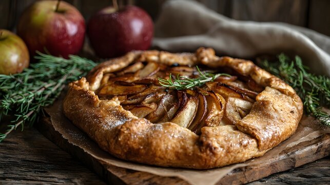Closeup of a golden apple galette with rosemary sprigs and fresh apples, rustic setting