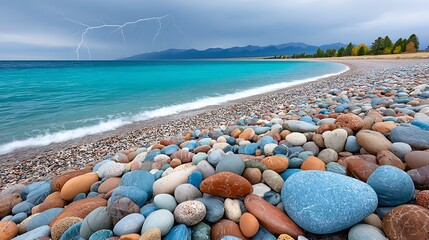 Dramatic Seascape with Lightning Over Turquoise Ocean and Rocky Shoreline View