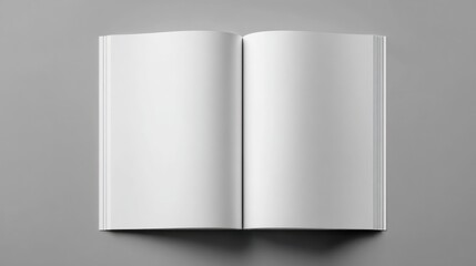 An open book showcasing two blank pages against a plain gray backdrop, top-down view
