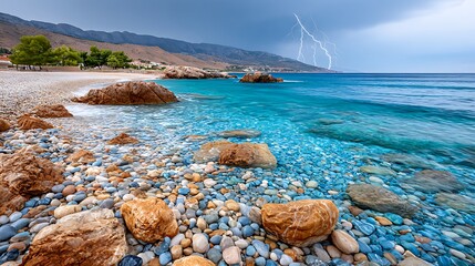 Dramatic Seascape with Lightning and Storm Over Turquoise Ocean Waves