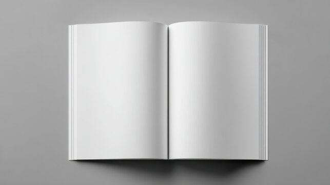 An open book showcasing two blank pages against a plain gray backdrop, top-down view
