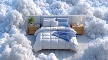 Dreamy Bed Under Moonlight in a Night Sky Filled with Soft Clouds and Serenity