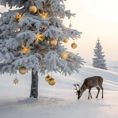 Snowy winter forest landscape with pine and fir trees under a blue sky